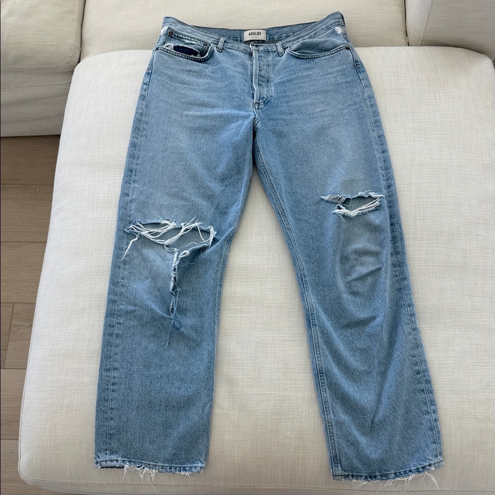 Agolde Blue Distressed Straight-Leg Jeans